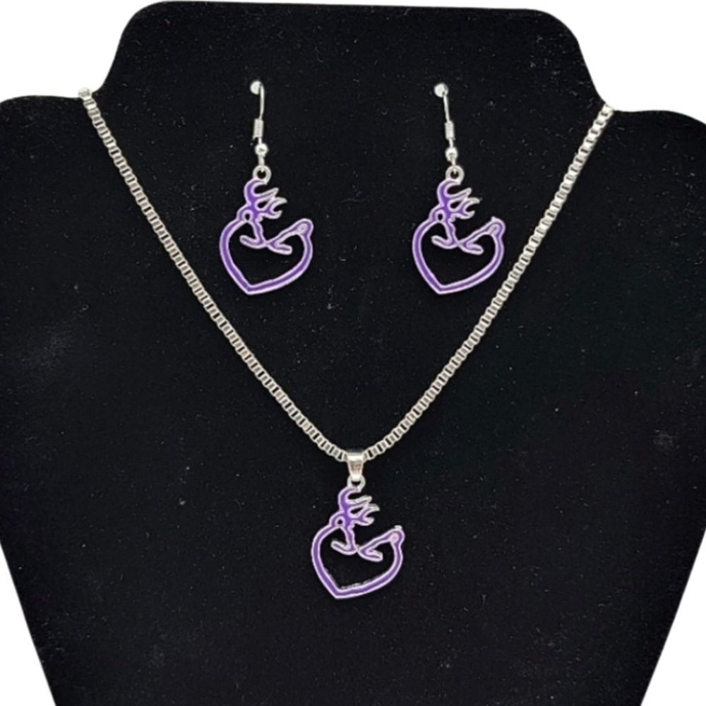 3/$20 Womens Necklace Drop Earrings Set Silver Plated Deer Pendant Purple Farm